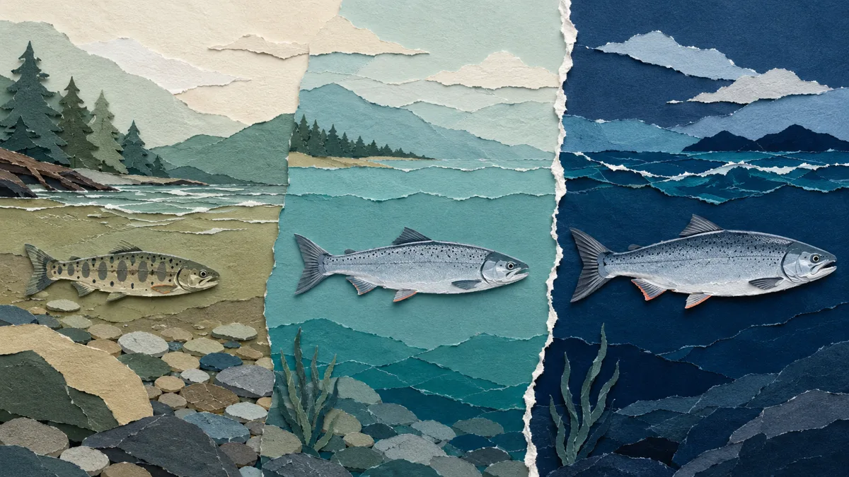 Illustrazione papercut in tre tempi: un giovane salmone maculato di fiume che diventa argentato e scivola verso il mare aperto blu scuro