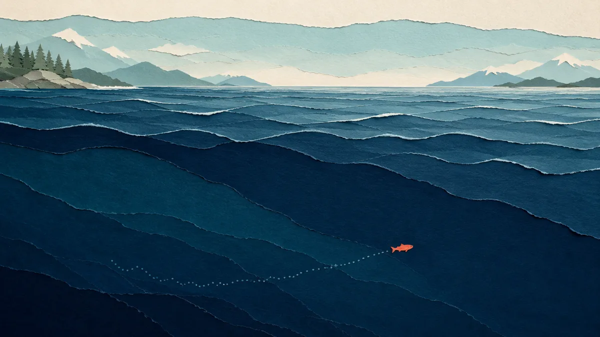 Illustrazione papercut di un oceano vasto visto dall'alto con un solo piccolo salmone arancione che traccia una lunga rotta tratteggiata