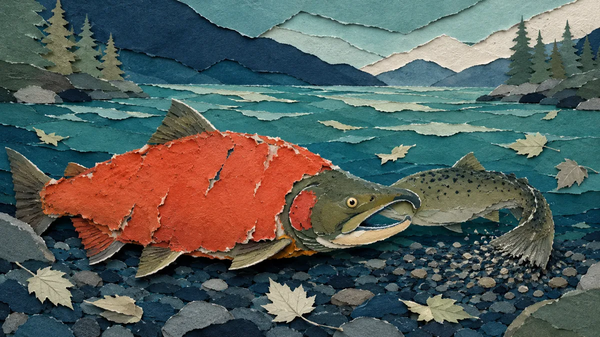 Illustrazione papercut ravvicinata di un salmone maschio in livrea riproduttiva con la mascella a uncino, accanto a una femmina che scava il nido nella ghiaia