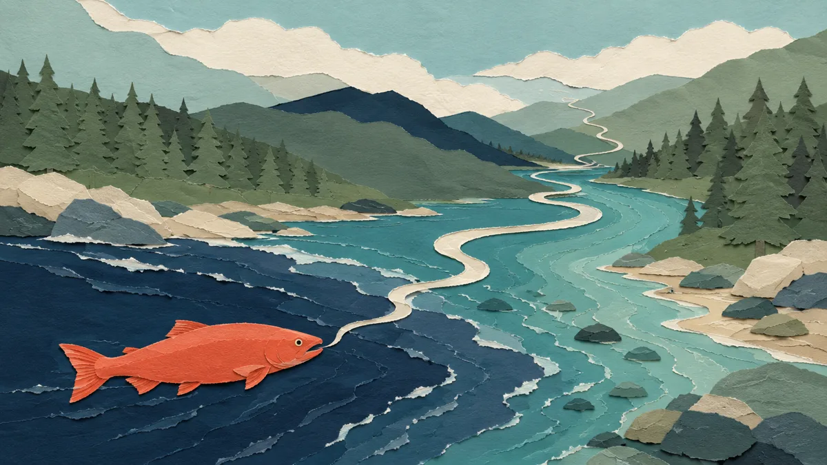 Illustrazione papercut di un salmone arancione alla foce di un fiume che segue un nastro di odore chiaro che risale verso colline boscose