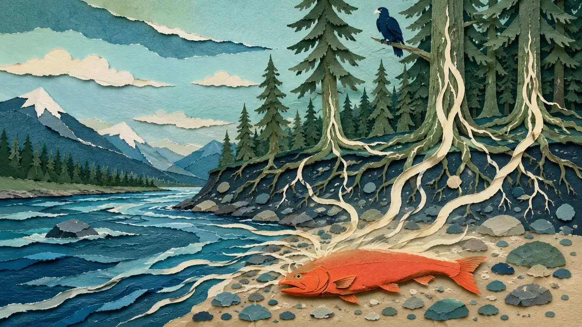 Illustrazione papercut di un salmone esausto sulla riva del fiume da cui salgono filamenti chiari verso le radici di grandi conifere, con un'aquila appollaiata