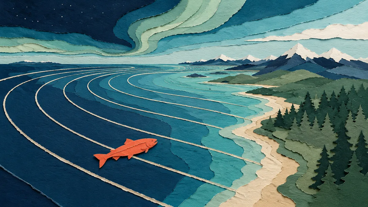 Illustrazione papercut di un mare visto dall'alto attraversato da archi chiari che rappresentano le linee del campo magnetico, con un salmone che ne segue una