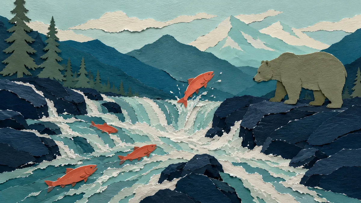 Illustrazione papercut di salmoni arancioni che risalgono rapide tra massi scuri, uno in salto, con la sagoma di un orso su una roccia