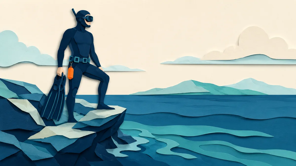 Illustrazione papercut di un subacqueo esperto con attrezzatura completa che si prepara a entrare in acqua da una scogliera