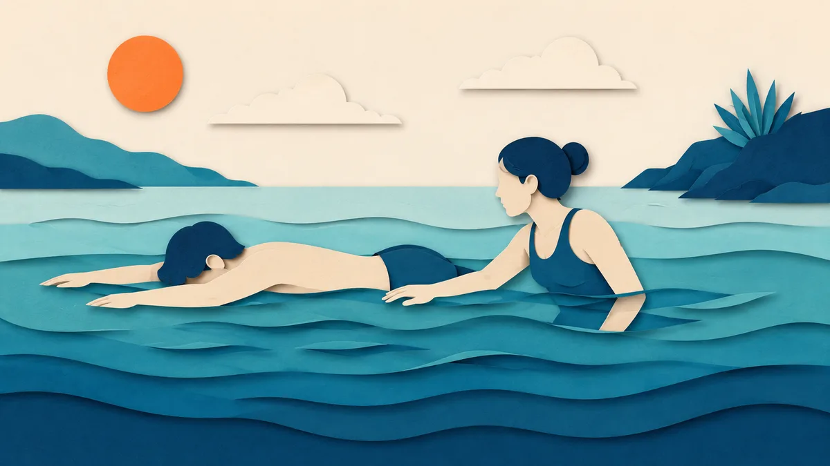 Illustrazione papercut di due persone in acqua, una che assiste l'altra distesa in superficie