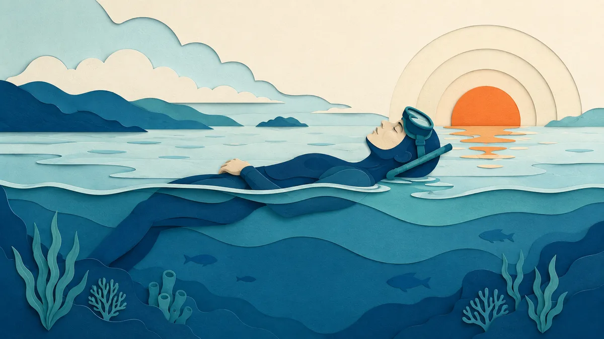 Illustrazione papercut di un subacqueo in superficie con la maschera alzata che respira calmo prima di scendere