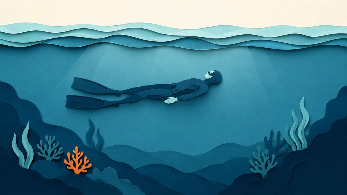 Illustrazione papercut di un subacqueo in apnea immobile a poca profondita', visto di lato con la superficie vicina