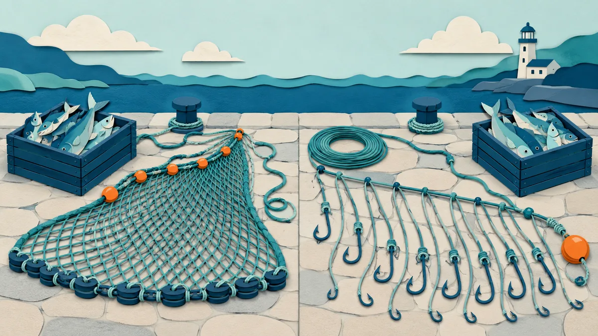 Illustrazione papercut di una rete da traino e un palangaro con ami esposti su una banchina accanto a cassette di pesce