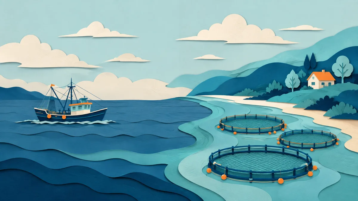 Illustrazione papercut divisa a metà: una barca da pesca in mare aperto e le gabbie circolari di un allevamento sotto costa