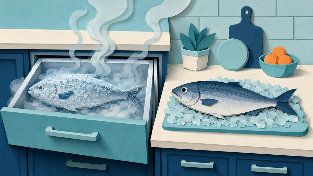 Illustrazione papercut di un pesce brinato in un cassetto del congelatore accanto a un pesce fresco sul ghiaccio