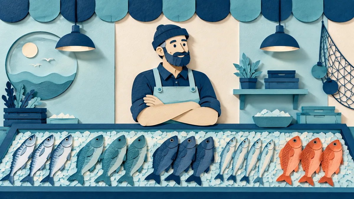 Illustrazione papercut di un banco del pesce ordinato con pesci freschi sul ghiaccio e il pescivendolo dietro