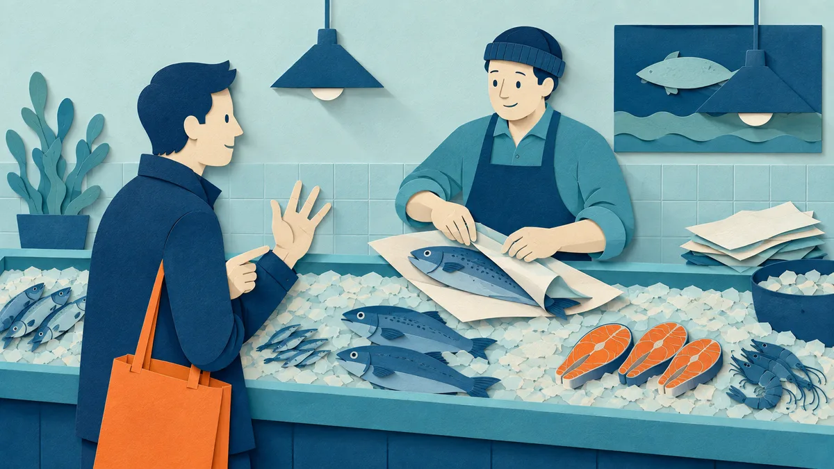 Illustrazione papercut di una cliente che conta sulle dita davanti al banco mentre il pescivendolo incarta un pesce