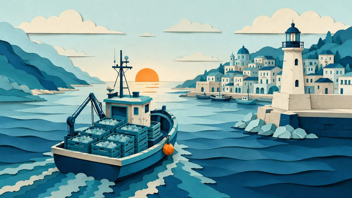 Illustrazione papercut di un peschereccio che rientra in porto all'alba con le cassette di pescato in coperta