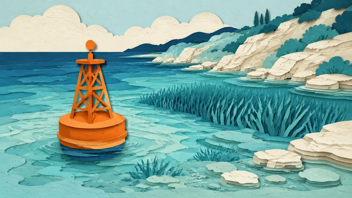 Illustrazione papercut di una boa di segnalazione gialla di area marina protetta in acqua bassa, con costa rocciosa dietro