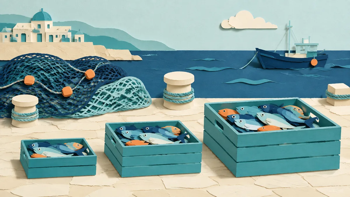 Illustrazione papercut di tre casse di pesce di dimensioni crescenti allineate su una banchina, in ordine di grandezza