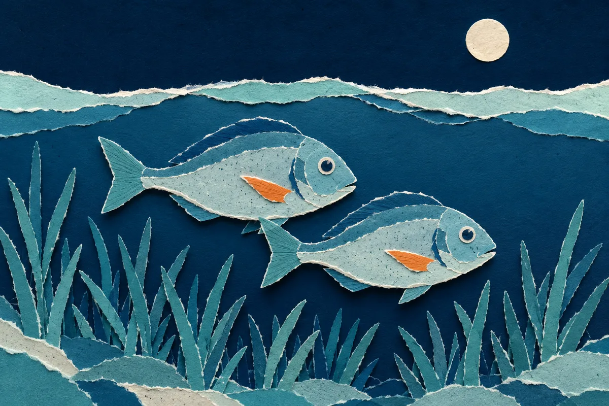 Illustrazione papercut di due saraghi di carta su una prateria di posidonia con la luna piena sopra la superficie