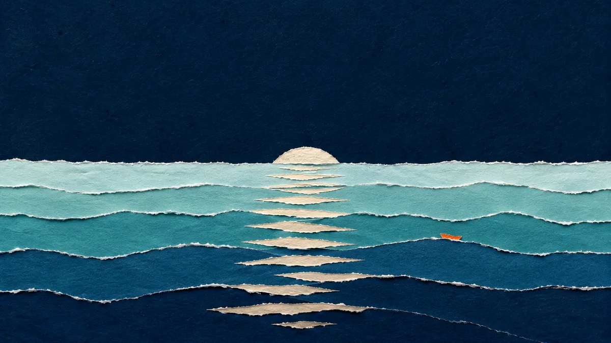 Illustrazione papercut di una luna piena quasi nascosta dietro l’orizzonte del mare a fasce sovrapposte