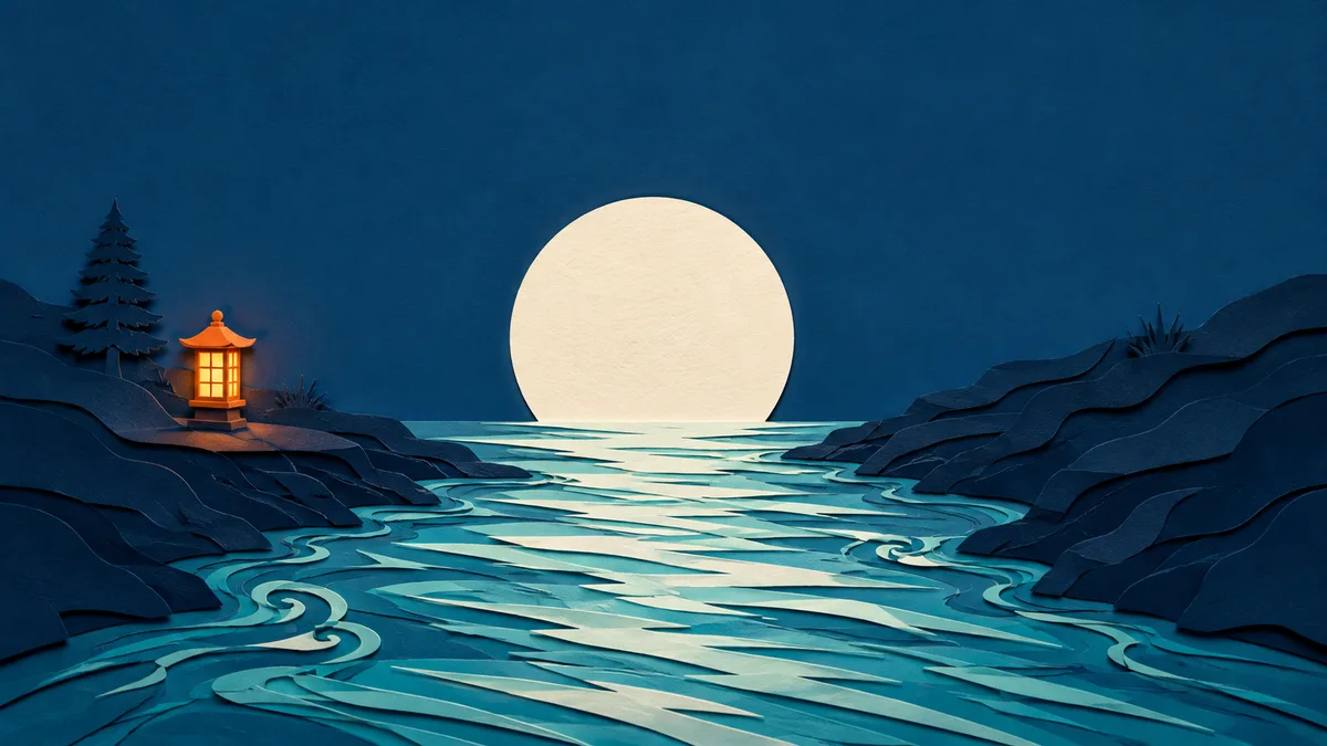 Scena notturna a strati di carta: luna piena color crema su un canale stretto fra due lingue di terra, l'acqua che ci corre dentro a fasce veloci