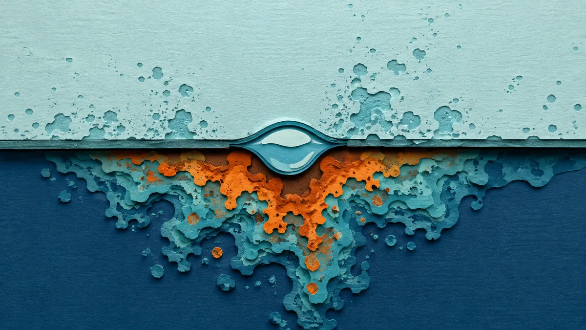 Illustrazione papercut in primo piano di due metalli diversi a contatto con una goccia d'acqua salata fra loro e una traccia di corrosione