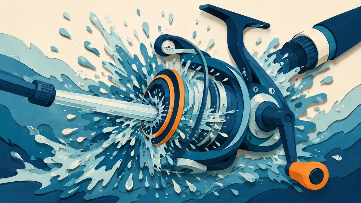Illustrazione papercut di un getto d'acqua ad alta pressione puntato contro un mulinello, con una X implicita nella composizione