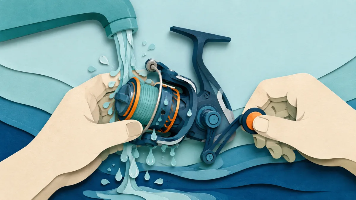 Illustrazione papercut di una mano che tiene il mulinello orizzontale sotto un filo d'acqua dolce mentre gira la manovella