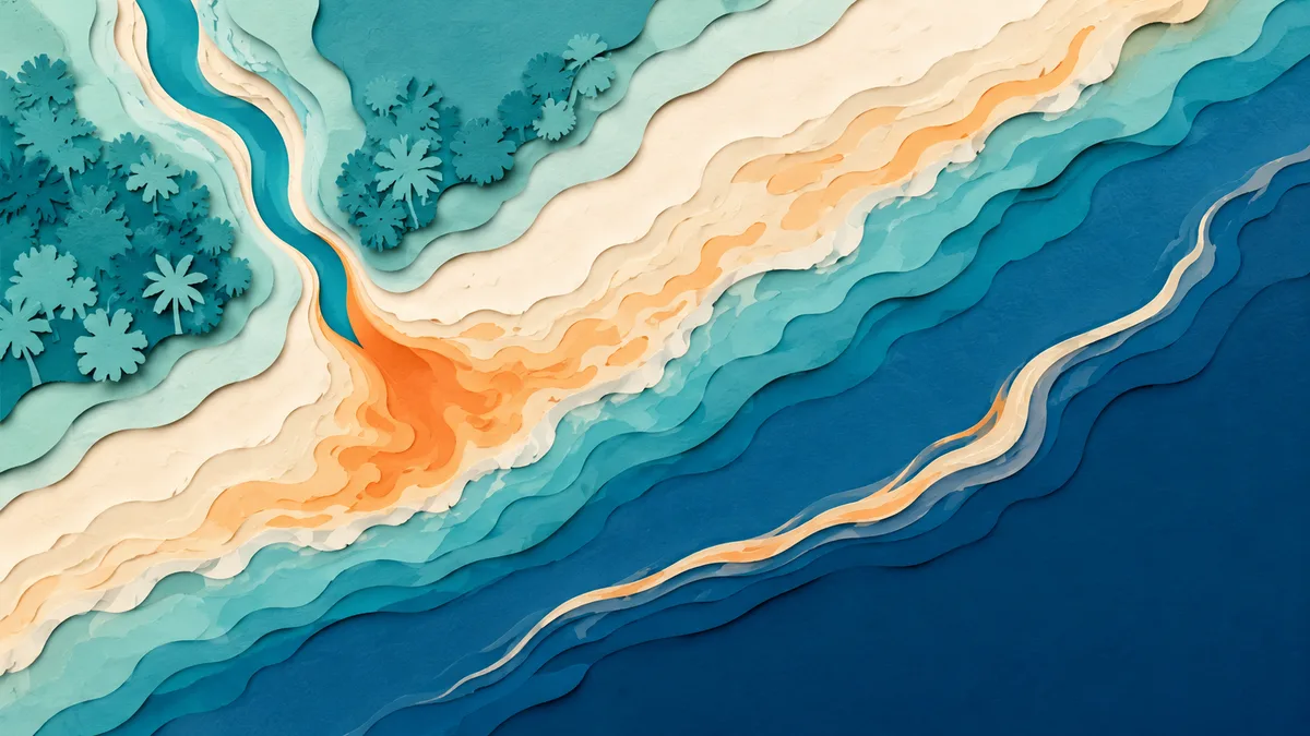 Illustrazione papercut di una fascia di acqua torbida lungo la costa pugliese, con la foce di un fiume e la corrente che scende verso sud