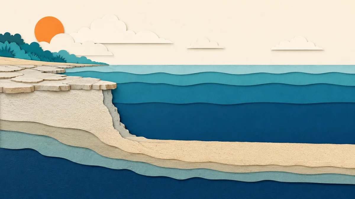 Illustrazione papercut del profilo del fondale davanti a Trani: lastre di roccia sotto riva, un gradino a mille metri e poi la distesa piatta di sabbia