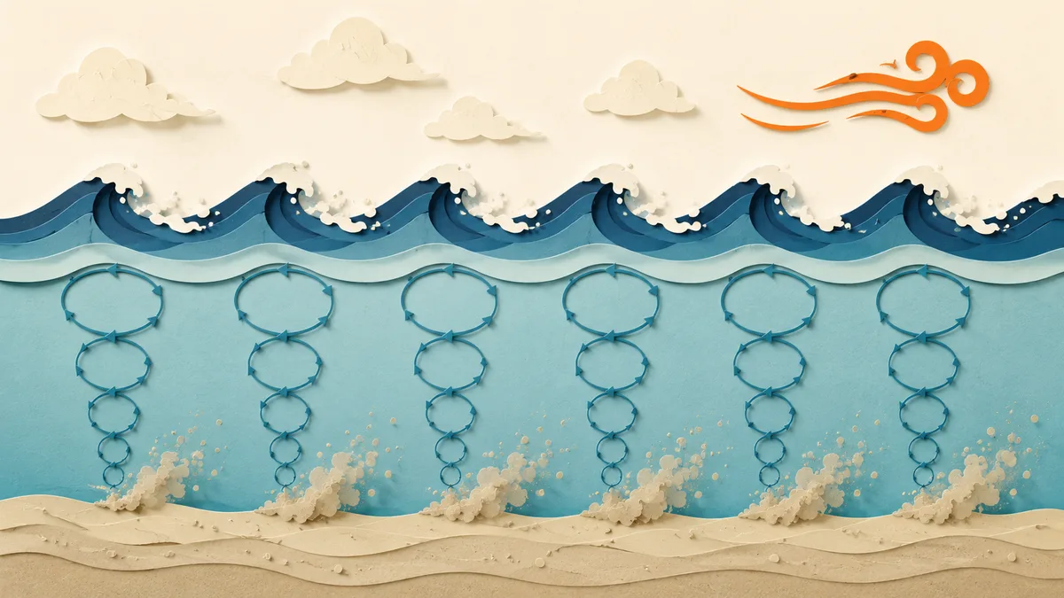 Illustrazione papercut di onde corte e ripide che si susseguono su un fondale basso, con il sedimento che si solleva dal fondo