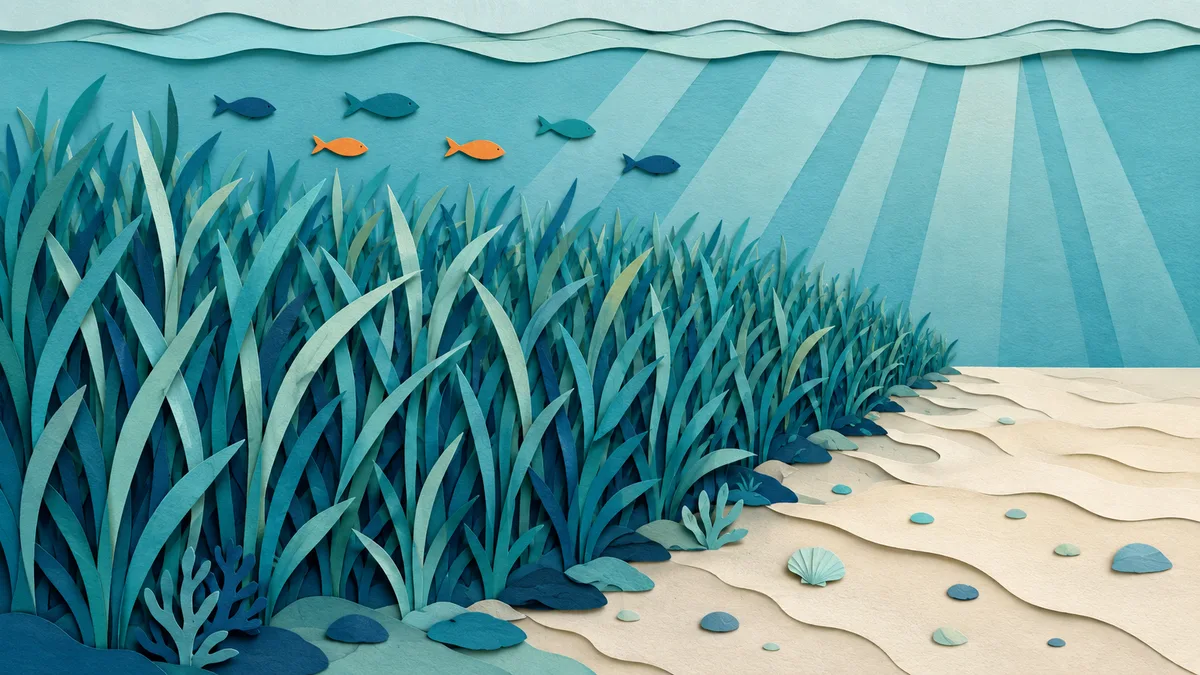 Illustrazione papercut di una prateria di posidonia su fondale basso con il bordo che sfuma nella sabbia e pesci che ci nuotano sopra