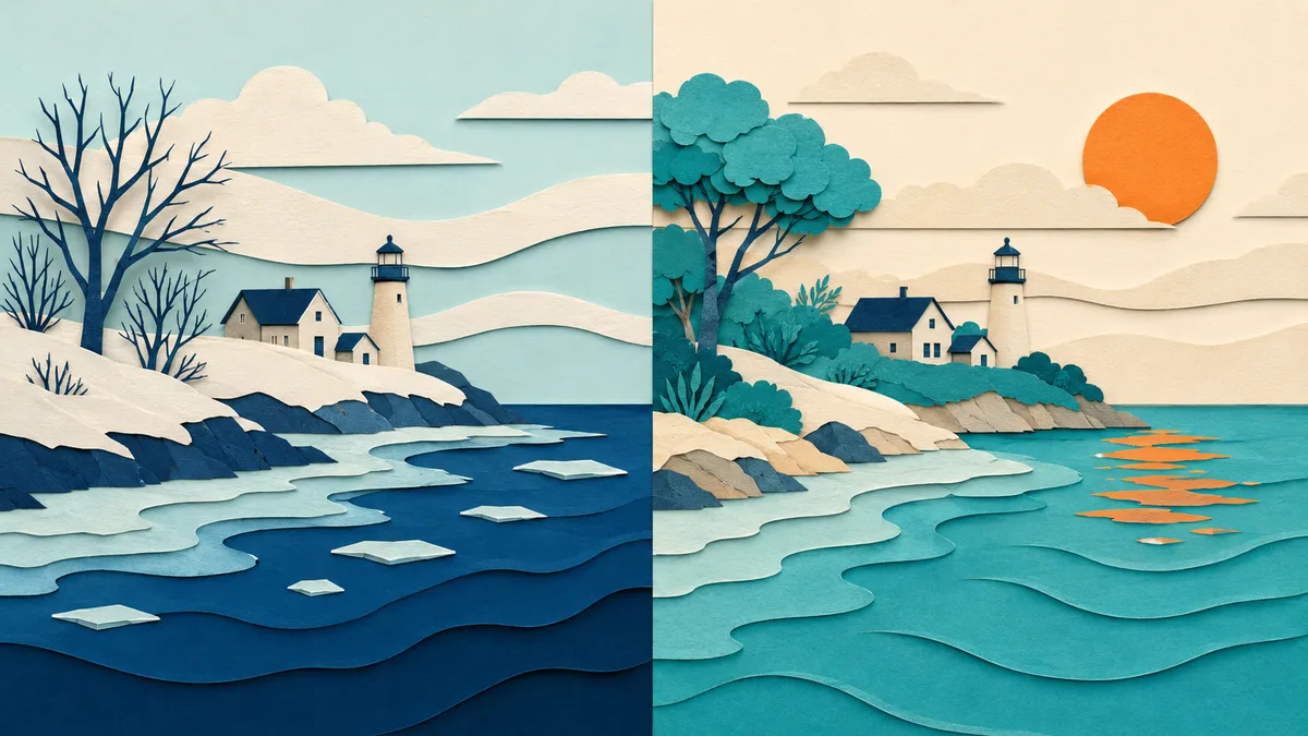 Illustrazione papercut di due metà di mare a confronto, una fredda invernale e una calda estiva, davanti alla stessa costa bassa