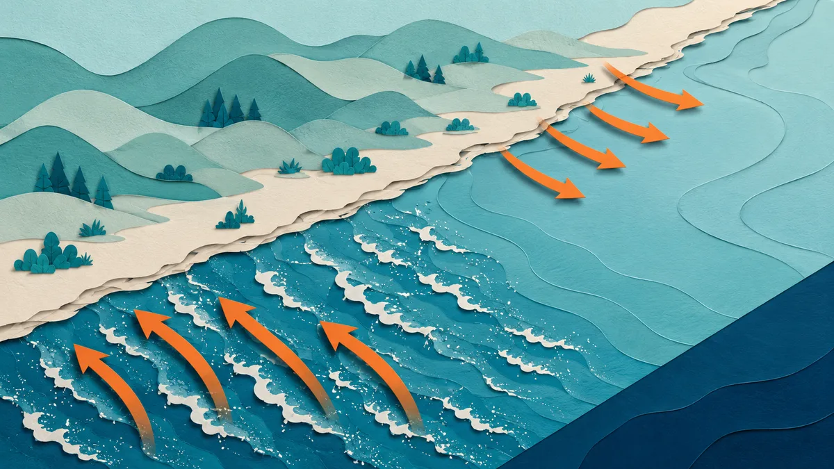 Illustrazione papercut della costa fra Barletta e Bisceglie vista dall'alto con le frecce del vento di terra e di mare