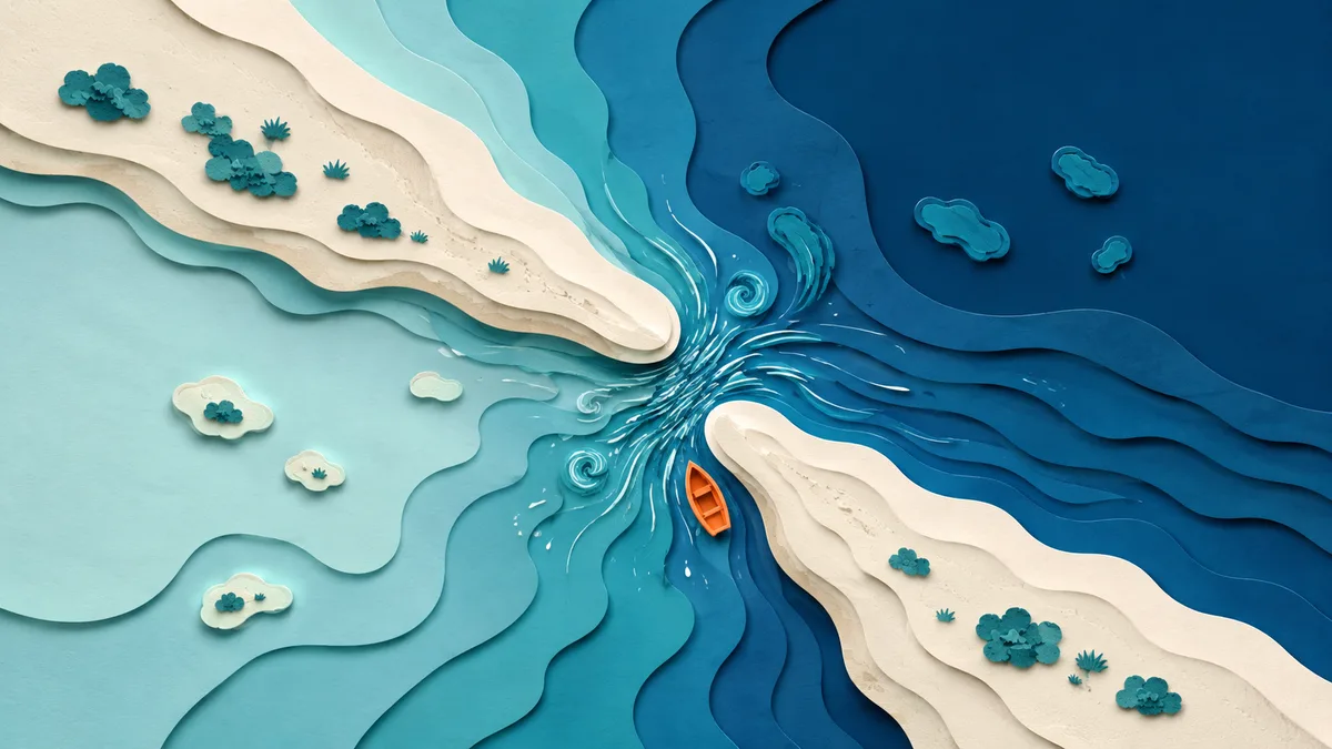 Vista dall'alto a strati di carta di una bocca di laguna: la lingua di terra, il canale stretto e l'acqua che ci passa dentro veloce, con una barchetta arancione sul bordo