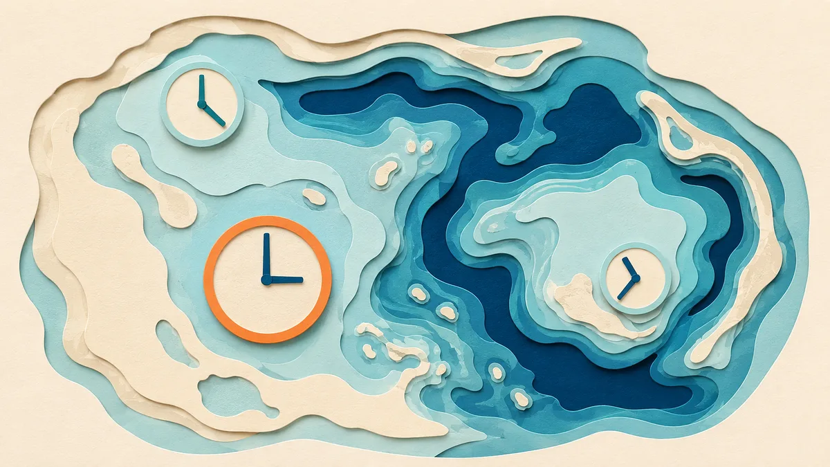 Mappa a strati di carta di una laguna con tre orologi di carta posati in punti diversi che segnano ore diverse