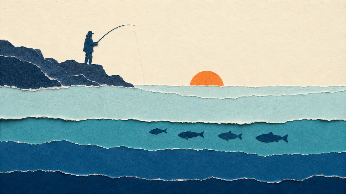 Illustrazione papercut di un pescatore di carta su scogliera all'alba, sotto il pelo dell'acqua le fasce di mare mostrano il pesce sceso in profondità
