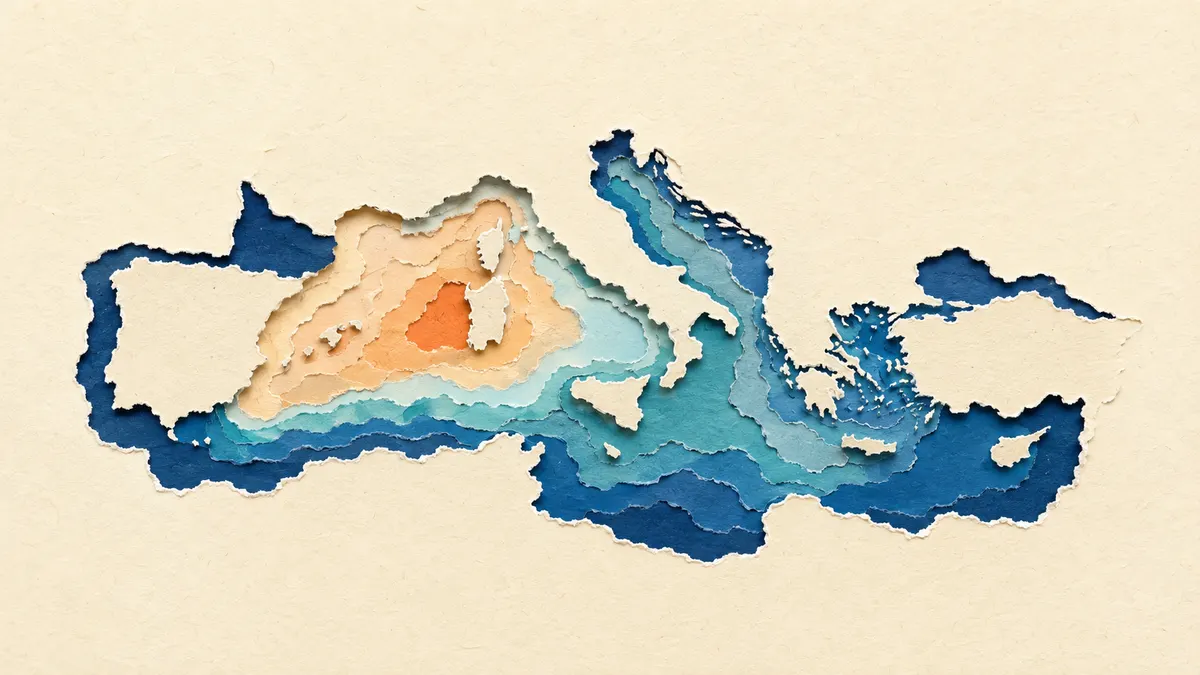 Mappa papercut del bacino del Mediterraneo vista dall'alto: il mare a fasce di carta sovrapposte, con una chiazza arancione sul bacino occidentale a segnare la zona più calda di giugno 2026