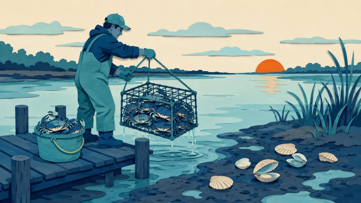 Pescatore su un pontile di laguna solleva una nassa piena di granchi blu, con secchio e gusci di vongole vuoti accanto