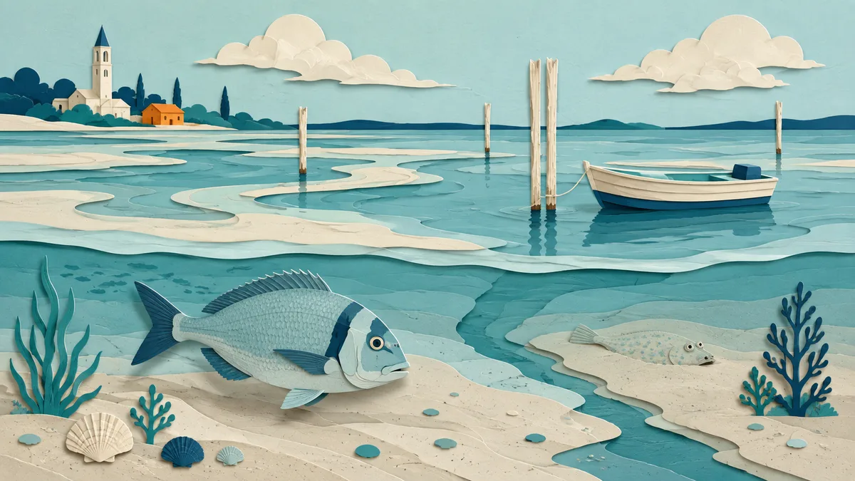 Laguna dell'alto Adriatico con un'orata in acqua bassa e un pesce piatto che si allontana verso il fondo