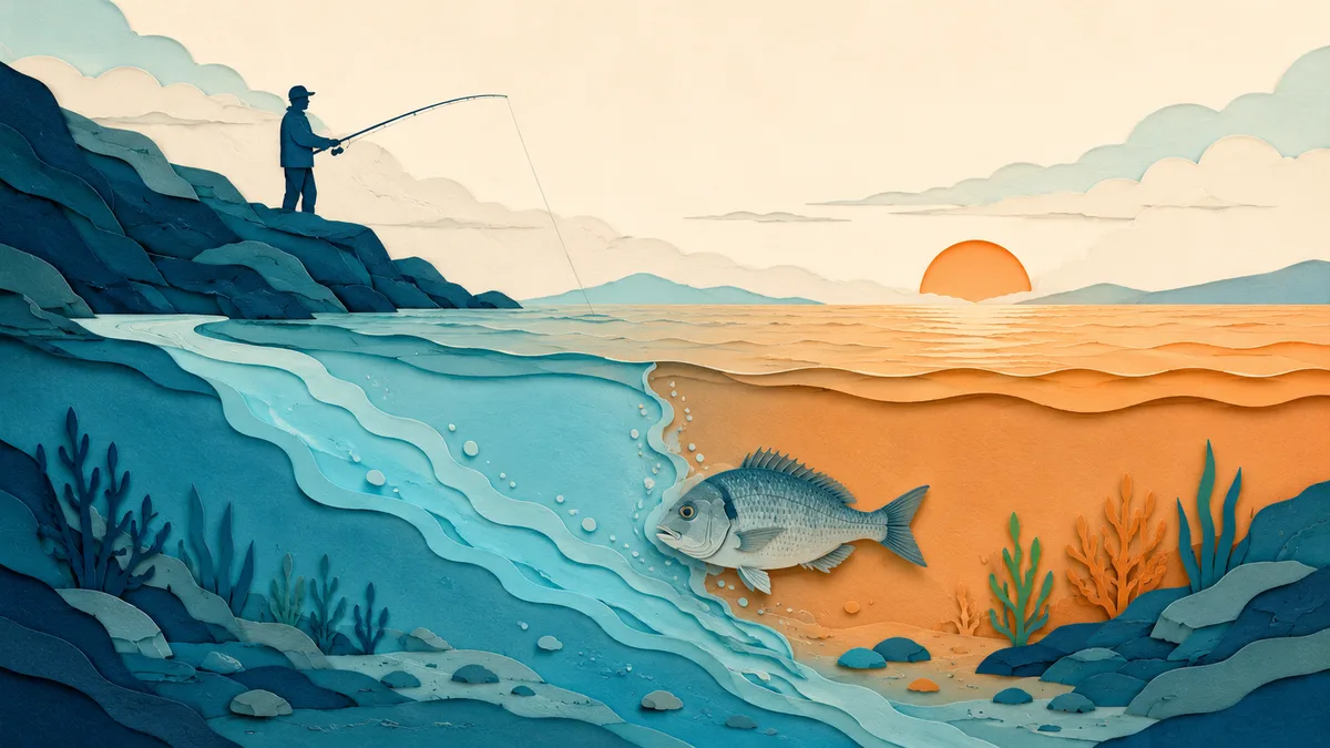 Sezione di mare all'alba: una foce immette acqua più fresca e un'orata staziona sul confine fra le due acque