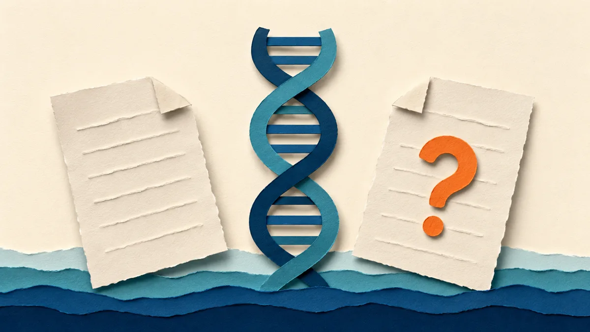 Illustrazione papercut di una doppia elica di DNA di carta tra due fogli contrapposti, uno con un punto interrogativo arancione
