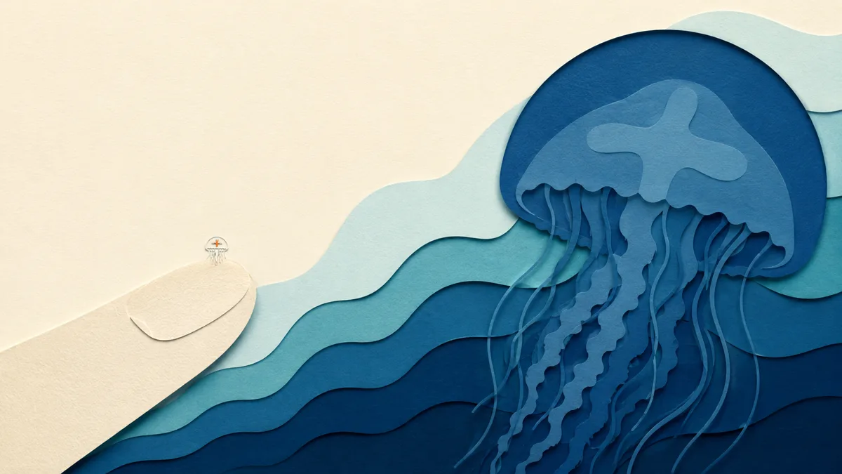 Illustrazione papercut di un polpastrello di carta con sopra una medusa minuscola dallo stomaco arancione, accanto alla sagoma di una medusa gigante per confronto