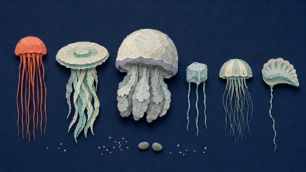 Tavola di riconoscimento con sei meduse mediterranee affiancate, ognuna con forma, dimensione e tentacoli diversi
