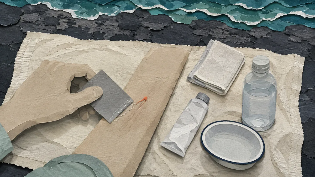 Mano che raschia via un frammento di tentacolo dall'avambraccio con il bordo di una tessera di plastica rigida