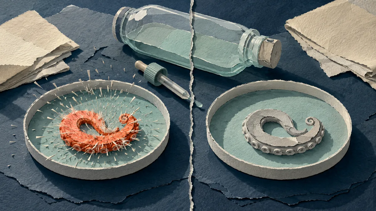 Due frammenti di tentacolo in altrettante piastre da laboratorio: in uno le capsule urticanti sparano, nell'altro restano chiuse
