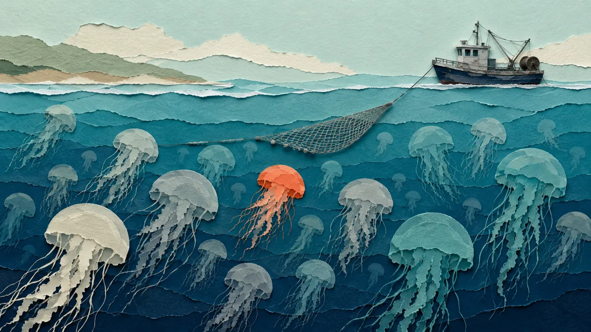 Barca da ricerca che traina una rete da plancton al largo, con un banco di meduse sotto la superficie