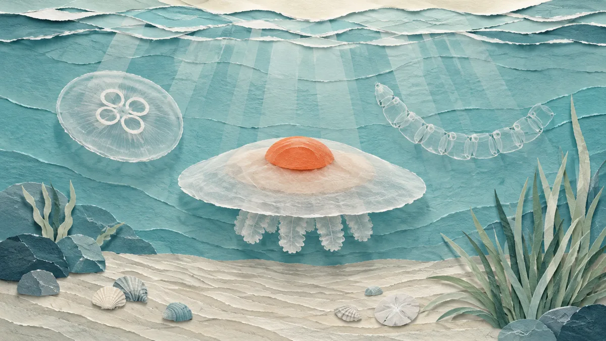 Tre organismi gelatinosi trasparenti che galleggiano in acqua limpida, senza tentacoli lunghi