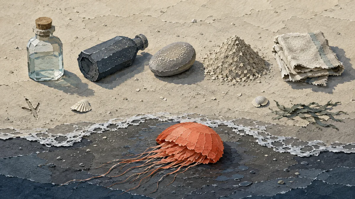 Bottiglie, una pietra e una manciata di sabbia allineate sulla spiaggia, e una medusa spiaggiata sulla battigia