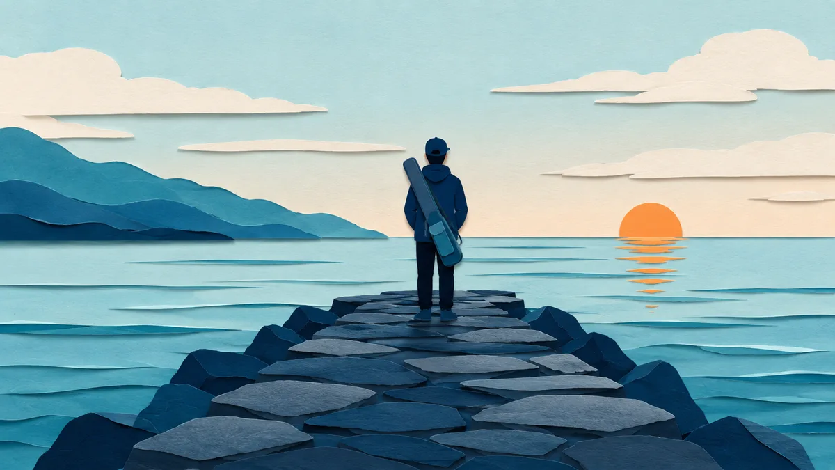 Illustrazione papercut di un pescatore fermo sul molo all'alba che guarda il mare prima di decidere
