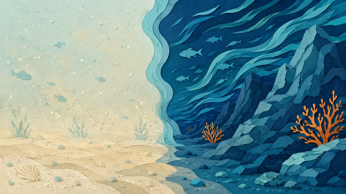 Illustrazione papercut di due fondali affiancati, uno di sabbia fine in acqua bassa e uno di roccia profonda attraversata dalla corrente