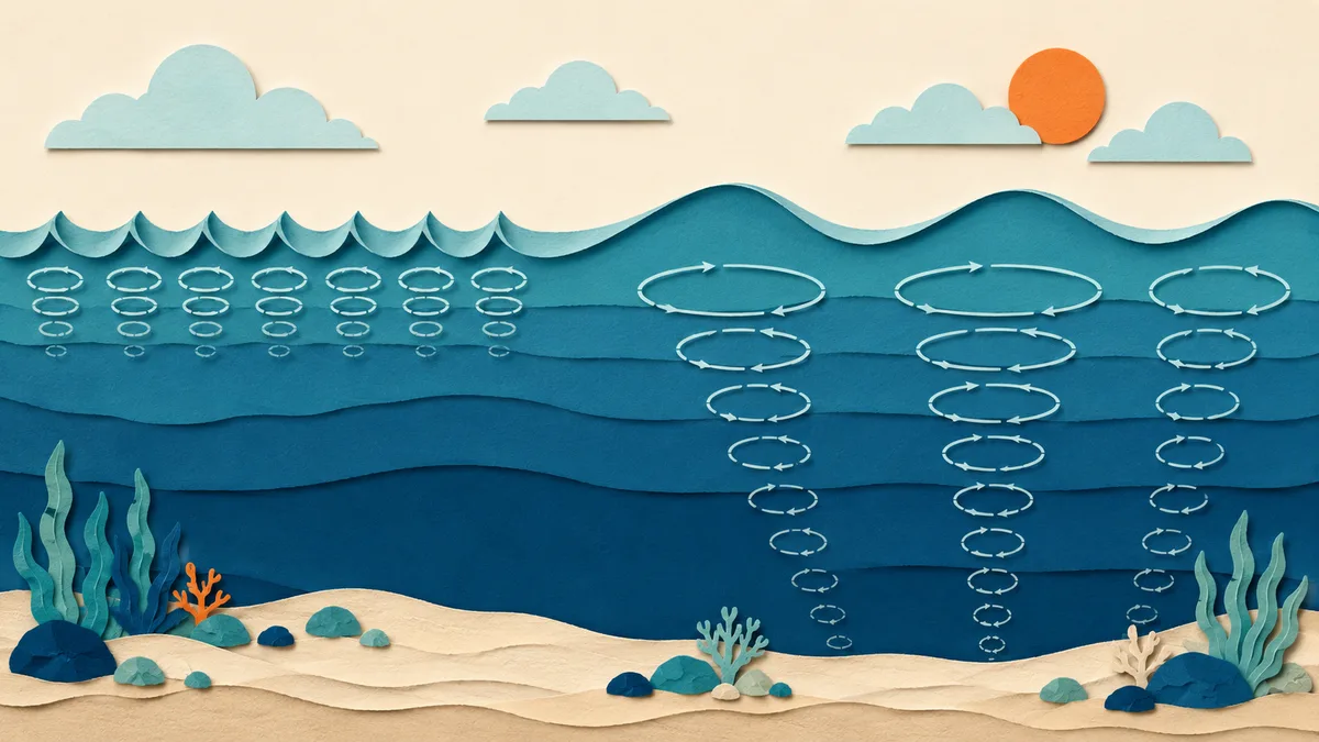 Illustrazione papercut in sezione di due onde, una corta e una lunga, con il moto dell'acqua che sotto la lunga arriva piu' in basso
