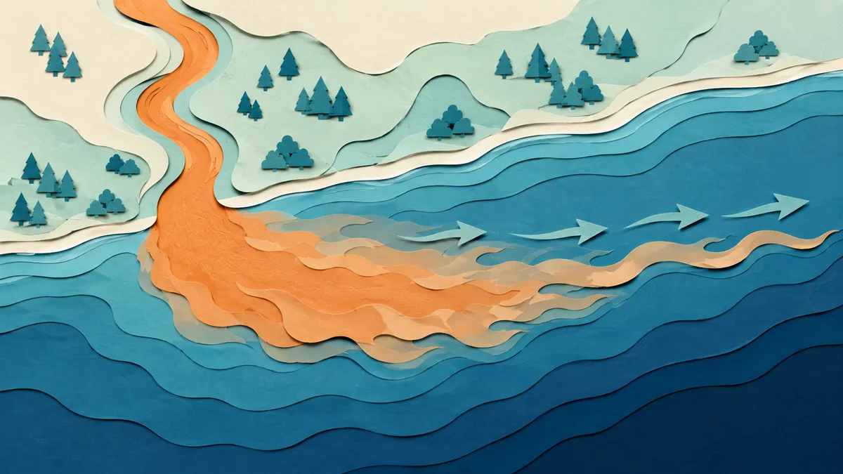 Illustrazione papercut di una foce di fiume che scarica acqua torbida in mare, con una corrente laterale che la trascina via